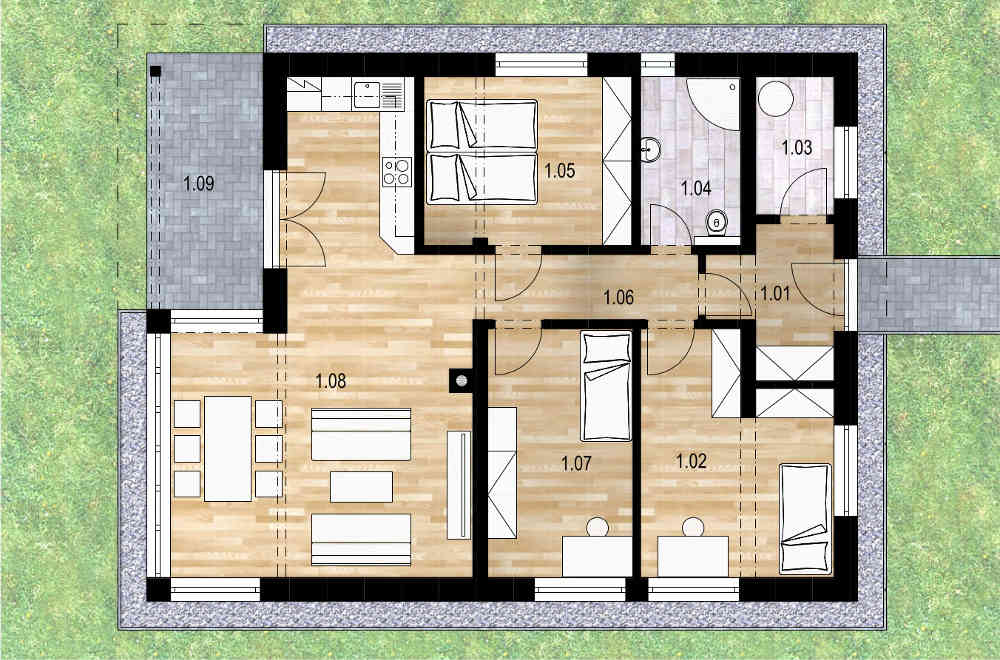 Ilustrační foto nákresu bungalovu B1 - 4+kk